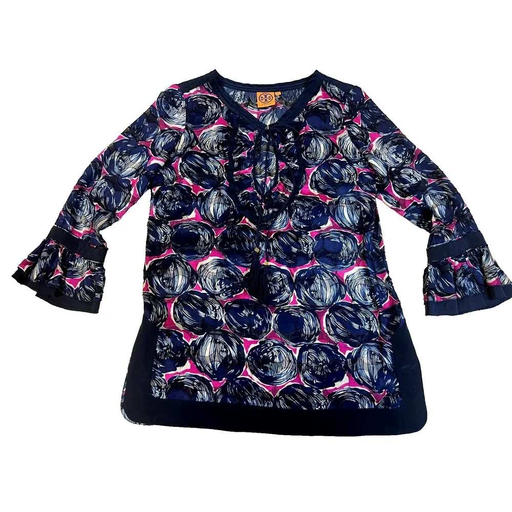 Tory Burch‎ Silk Blend Tunic Top Navy + Orchid Circle Print Keyhole Neck SZ S